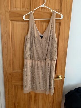 Xscape Beaded V-Neck Mini Dress in Nude